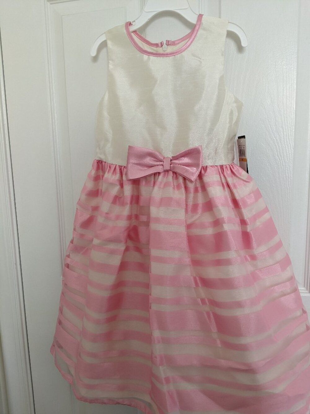 New Jayne Copeland Girls Dress White/Pink Taffeta Stripes Bow Festive SZ 6X